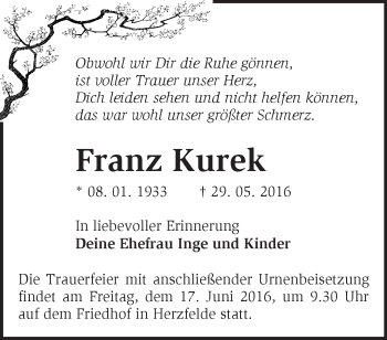 Traueranzeige von Franz Kurek von Märkische Oderzeitung