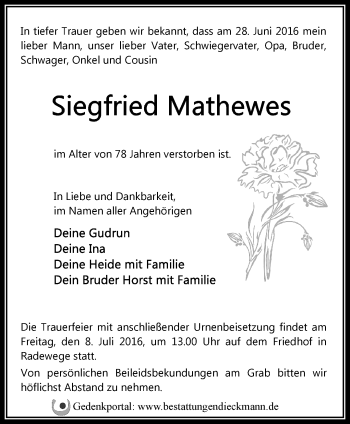 Traueranzeige von Siegfried Mathewes von Märkische Oderzeitung