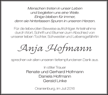 Traueranzeige von Anja Hofmann von Märkische Oderzeitung