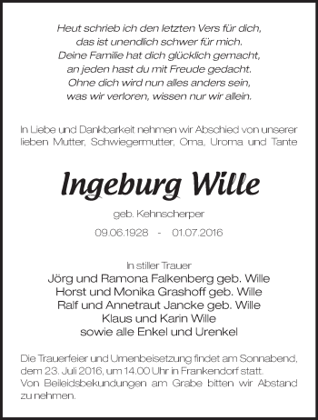 Traueranzeige von Ingeburg Wille von Märkische Oderzeitung