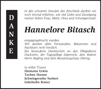 Traueranzeige von Hannelore Bitasch von Märkische Oderzeitung