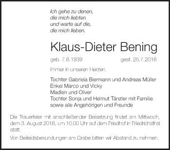 Traueranzeige von Klaus-Dieter Bening von Märkische Oderzeitung