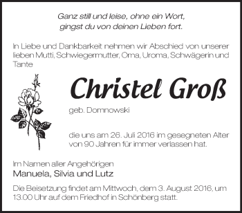 Traueranzeige von Christel Groß von Märkische Oderzeitung