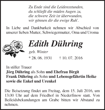 Traueranzeige von Edith Dühring von Märkische Oderzeitung