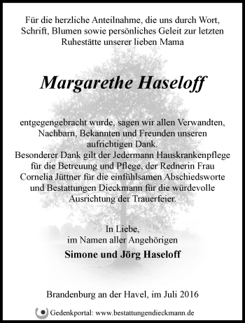 Traueranzeige von Margarethe Haseloff von Märkische Oderzeitung