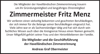 Traueranzeige von Fritz Menz von Märkische Oderzeitung