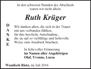 Traueranzeige von Ruth Krüger von Märkische Oderzeitung