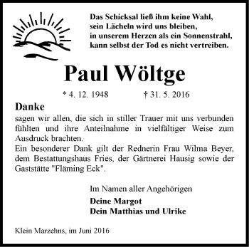 Traueranzeige von Paul Wöltge von Märkische Oderzeitung