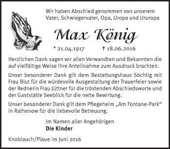 Traueranzeige von Max König von Märkische Oderzeitung