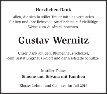 Traueranzeige von Gustav Wernitz von Märkische Oderzeitung