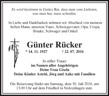 Traueranzeige von Günter Rücker von Märkische Oderzeitung