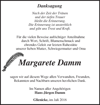 Traueranzeige von Margarete Damm von Märkische Oderzeitung