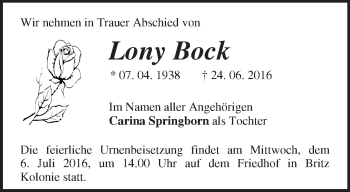 Traueranzeige von Lony Bock von Märkische Oderzeitung