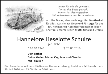 Traueranzeige von Hannelore Lieselotte Schulze von Märkische Oderzeitung