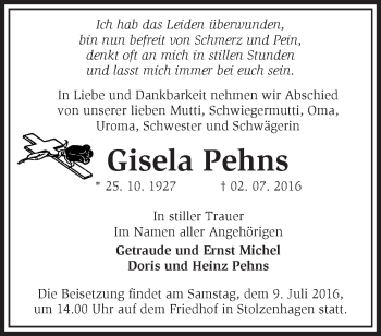 Traueranzeige von Gisela Pehns von Märkische Oderzeitung