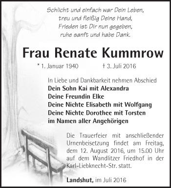 Traueranzeige von Renate Kummrow von Märkische Oderzeitung