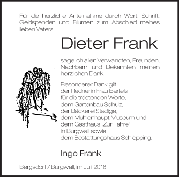 Traueranzeige von Dieter Frank von Märkische Oderzeitung