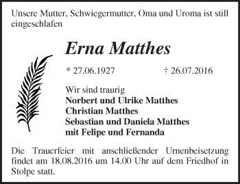 Traueranzeige von Erna Matthes von Märkische Oderzeitung