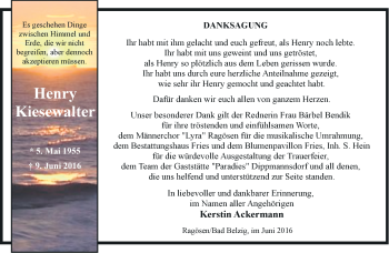 Traueranzeige von Henry Kiesewalter von Märkische Oderzeitung