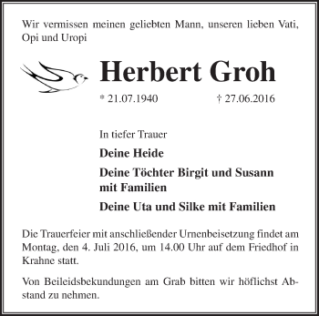 Traueranzeige von Herbert Groh von Märkische Oderzeitung