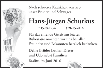 Traueranzeige von Hans-Jürgen Schurkus von Märkische Oderzeitung