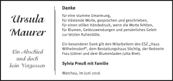 Traueranzeige von Ursula Maurer von Märkische Oderzeitung