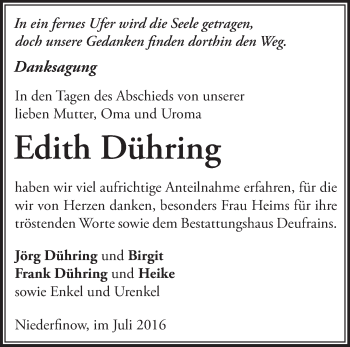 Traueranzeige von Edith Dühring von Märkische Oderzeitung