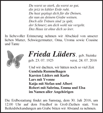 Traueranzeige von Frieda Lüders von Märkische Oderzeitung