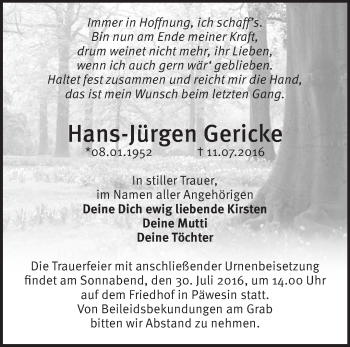 Traueranzeige von Hans-Jürgen Gericke von Märkische Oderzeitung