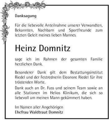 Traueranzeige von Heinz Domnitz von Märkische Oderzeitung