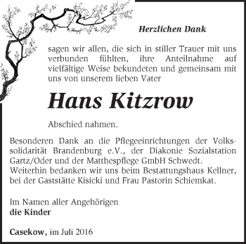 Traueranzeige von Hans Kitzrow von Märkische Oderzeitung