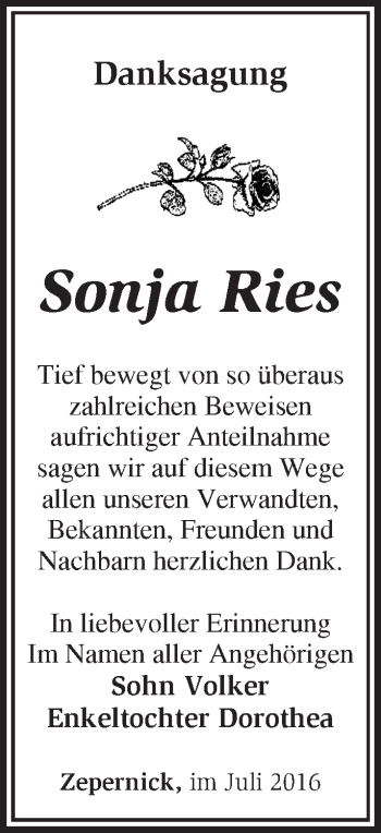 Traueranzeige von Sonja Ries von Märkische Oderzeitung