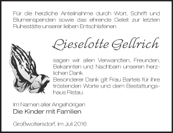 Traueranzeige von Lieselotte Gellrich von Märkische Oderzeitung