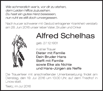 Traueranzeige von Alfred Schelhas von Märkische Oderzeitung