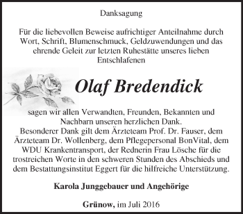 Traueranzeige von Olaf Bredendick von Märkische Oderzeitung