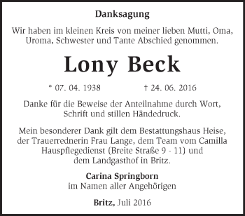 Traueranzeige von Lony Beck von Märkische Oderzeitung