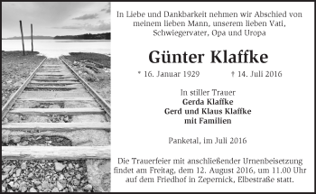 Traueranzeige von Günter Klaffke von Märkische Oderzeitung