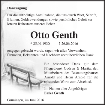 Traueranzeige von Otto Genth von Märkische Oderzeitung