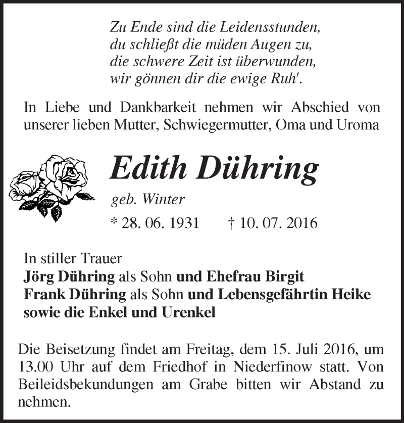  Traueranzeige für Edith Dühring vom 13.07.2016 aus Märkische Oderzeitung