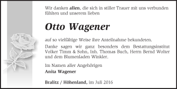 Traueranzeige von Otto Wagener von Märkische Oderzeitung