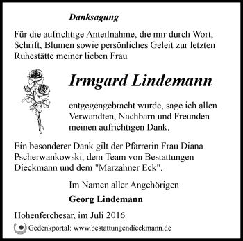 Traueranzeige von Irmgard Lindemann von Märkische Oderzeitung