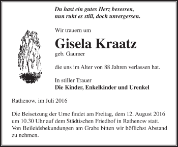 Traueranzeige von Gisela Kraatz von Märkische Oderzeitung