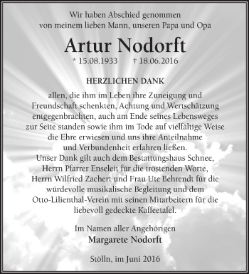 Traueranzeige von Artur Nodorft von Märkische Oderzeitung