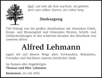 Traueranzeige von Alfred Lehmann von Märkische Oderzeitung