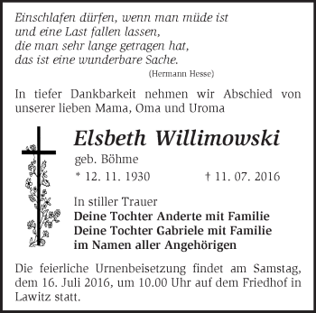 Traueranzeige von Elsbeth Willimowski von Märkische Oderzeitung