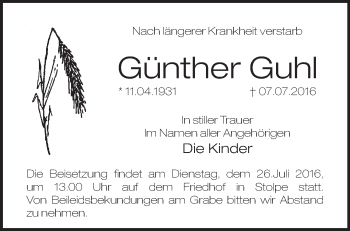 Traueranzeige von Günther Guhl von Märkische Oderzeitung