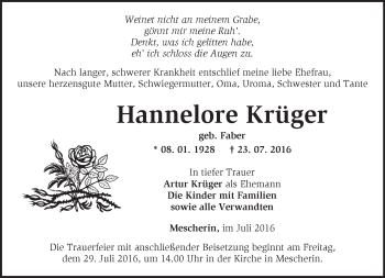 Traueranzeige von Hannelore Krüger von Märkische Oderzeitung