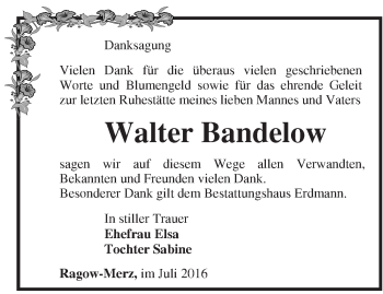 Traueranzeige von Walter Bandelow von Märkische Oderzeitung