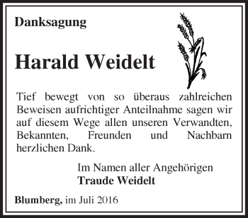 Traueranzeige von Harald Weidelt von Märkische Oderzeitung