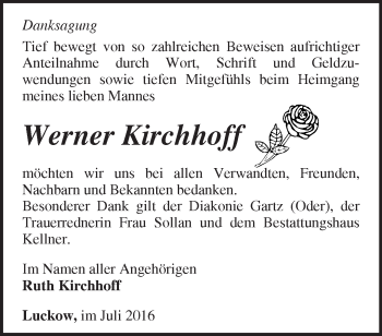 Traueranzeige von Werner Kirchhoff von Märkische Oderzeitung